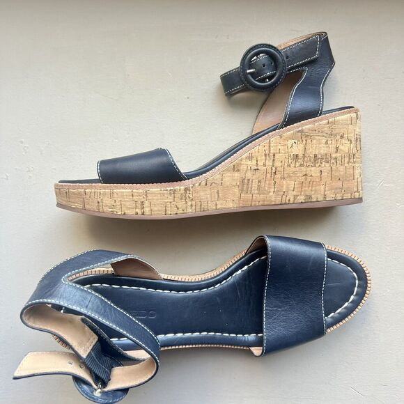 Bernardo Anthropologie Navy Blue Leather Cork Wedge Sandals Ankle Strap Women 9 - Picture 12 of 16